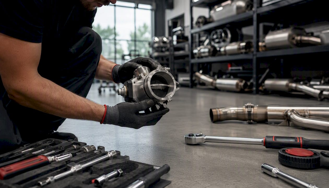 Close-up of hands holding titanium exhaust valve in workshop