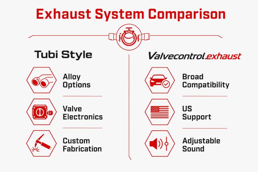 Infographic comparing Tubi Style vs Valvecontrolexhaust systems