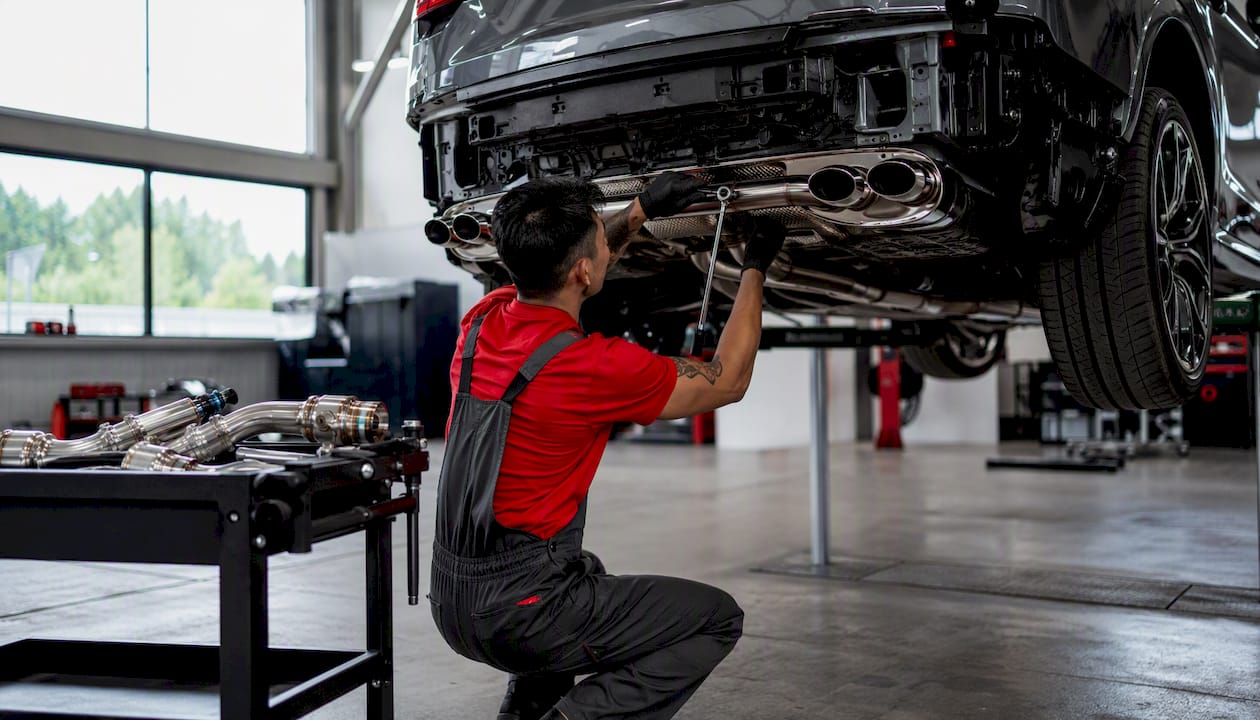Technician installing valved exhaust system in garage