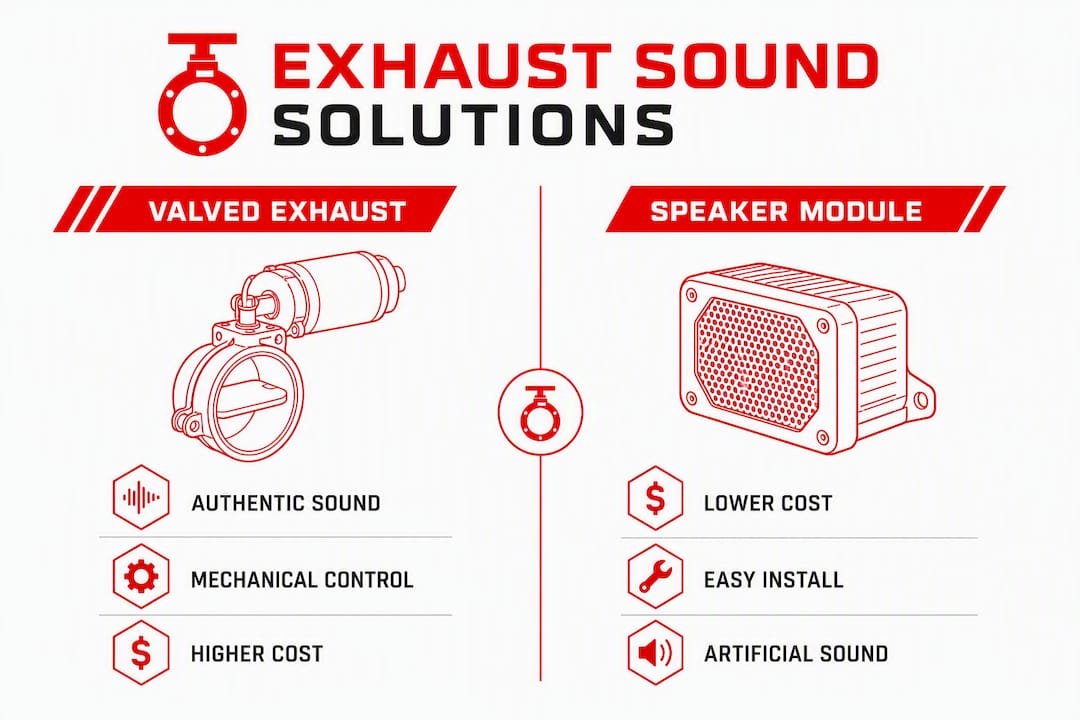 Infographic comparing valved exhaust and speaker module sound systems