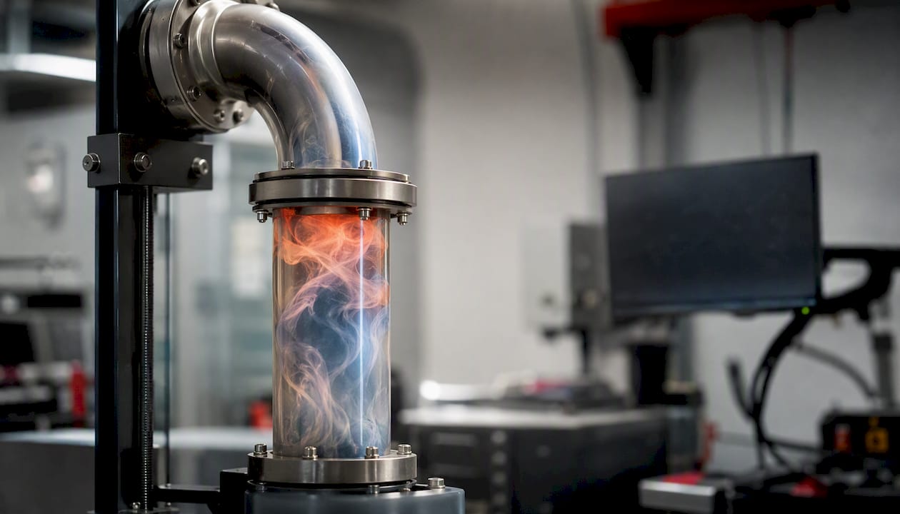 Exhaust pipe flowing colored smoke in lab setting
