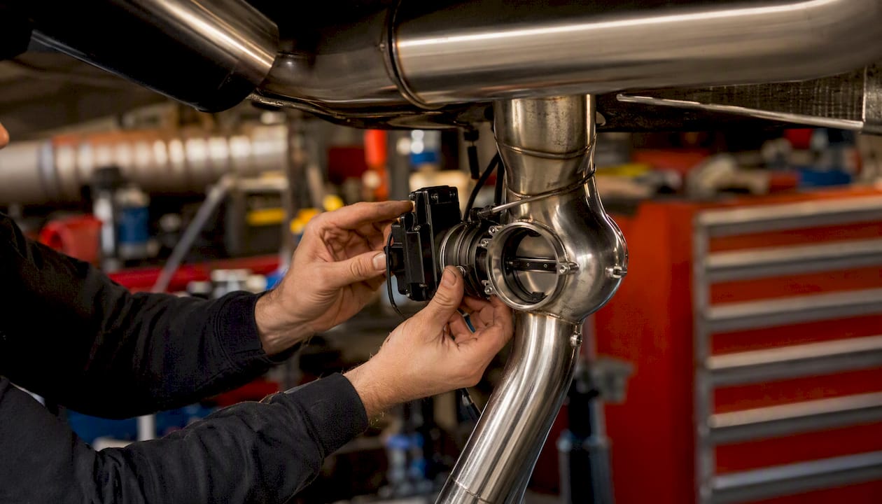 Hands adjusting electronic butterfly valve in exhaust