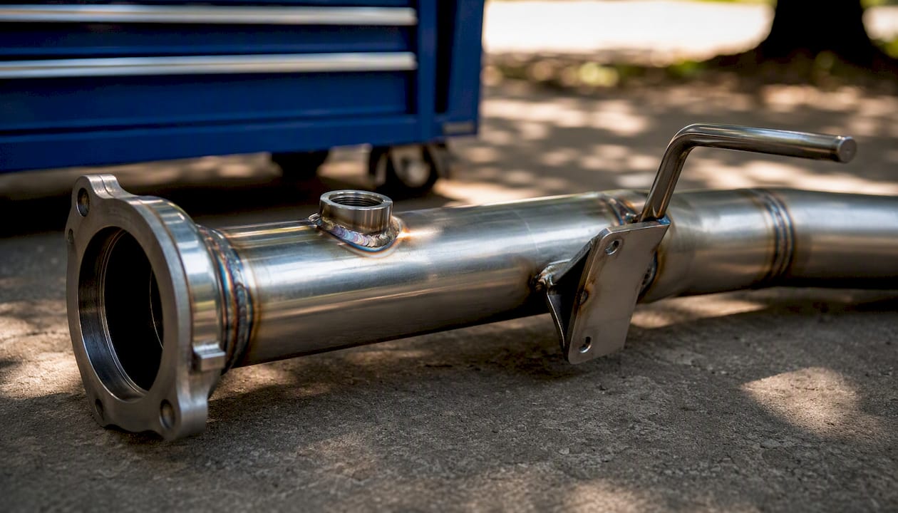 Direct-fit exhaust pipe section showing flange and hangers