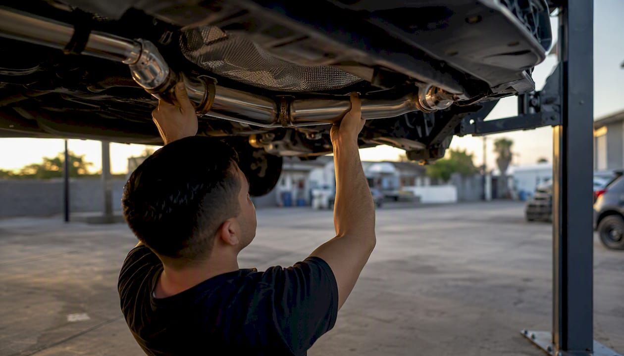 Installer dry-fitting exhaust system under vehicle