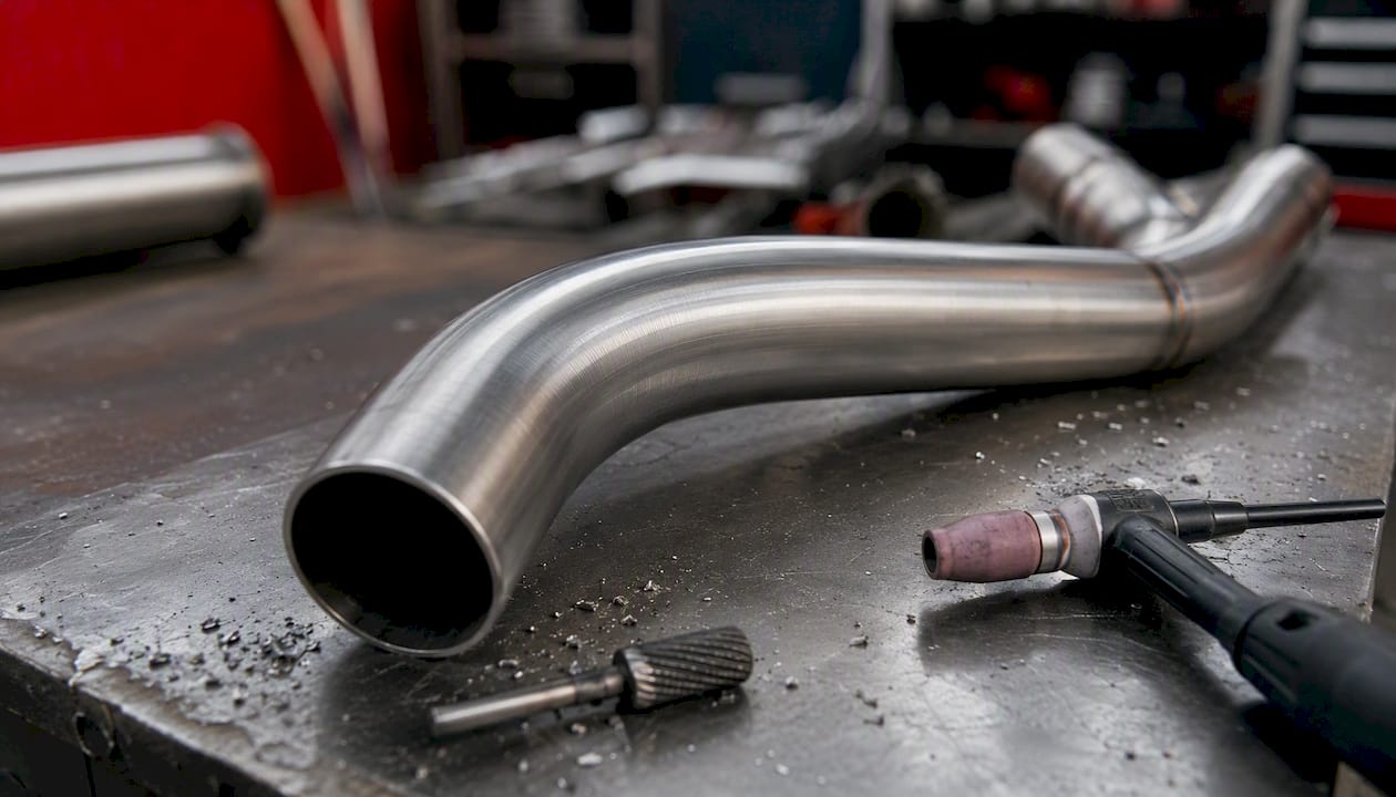 Mandrel bent exhaust pipe and TIG weld tools close-up