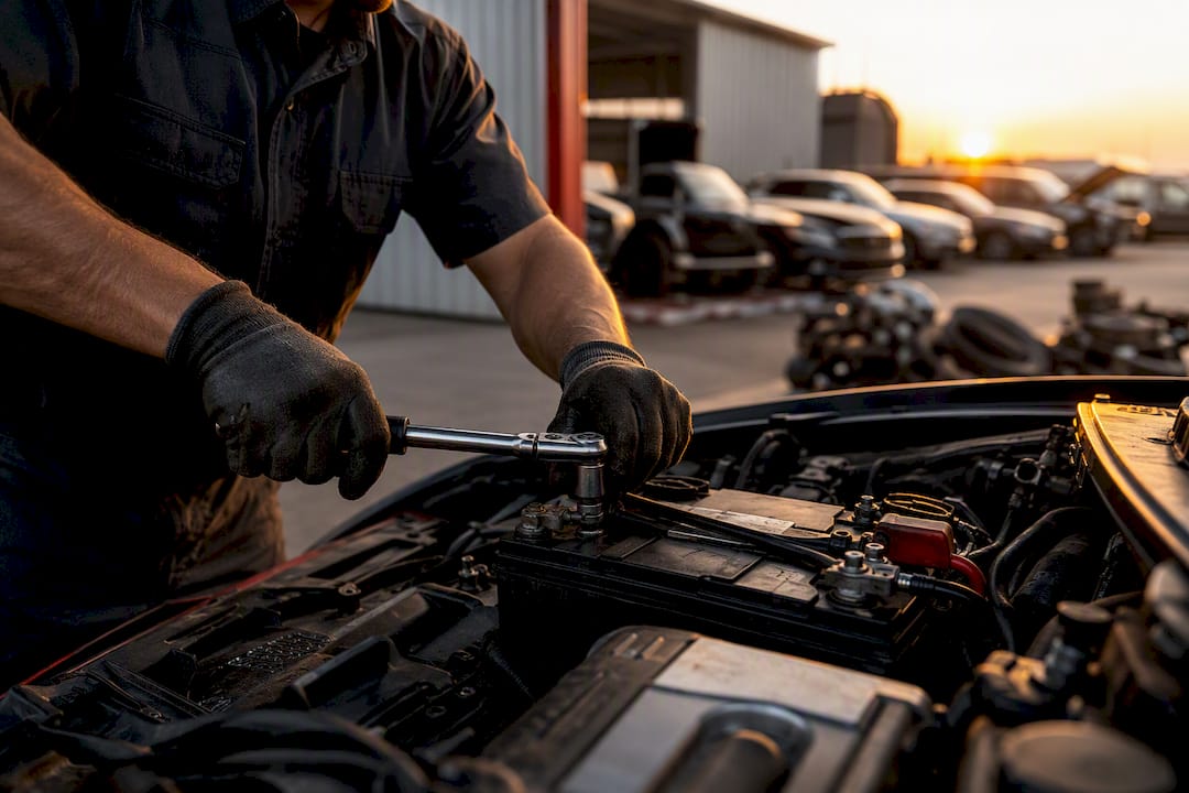 Hands disconnecting car battery terminal