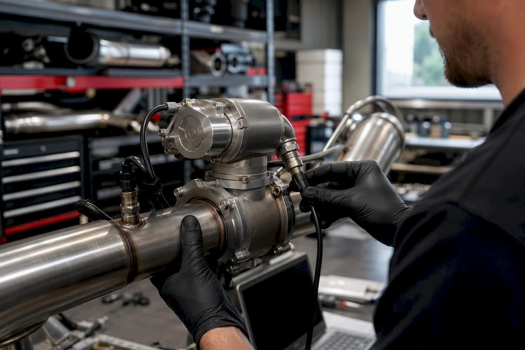 Technician inspecting valved exhaust pipe