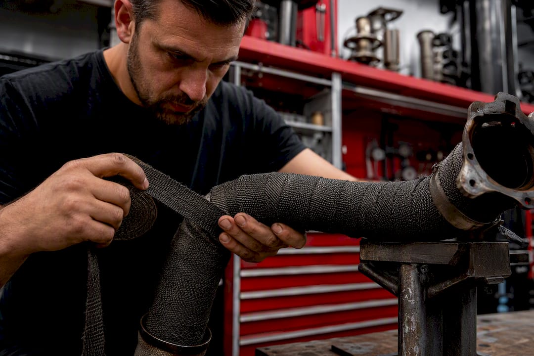 Hands wrapping basalt exhaust wrap on downpipe