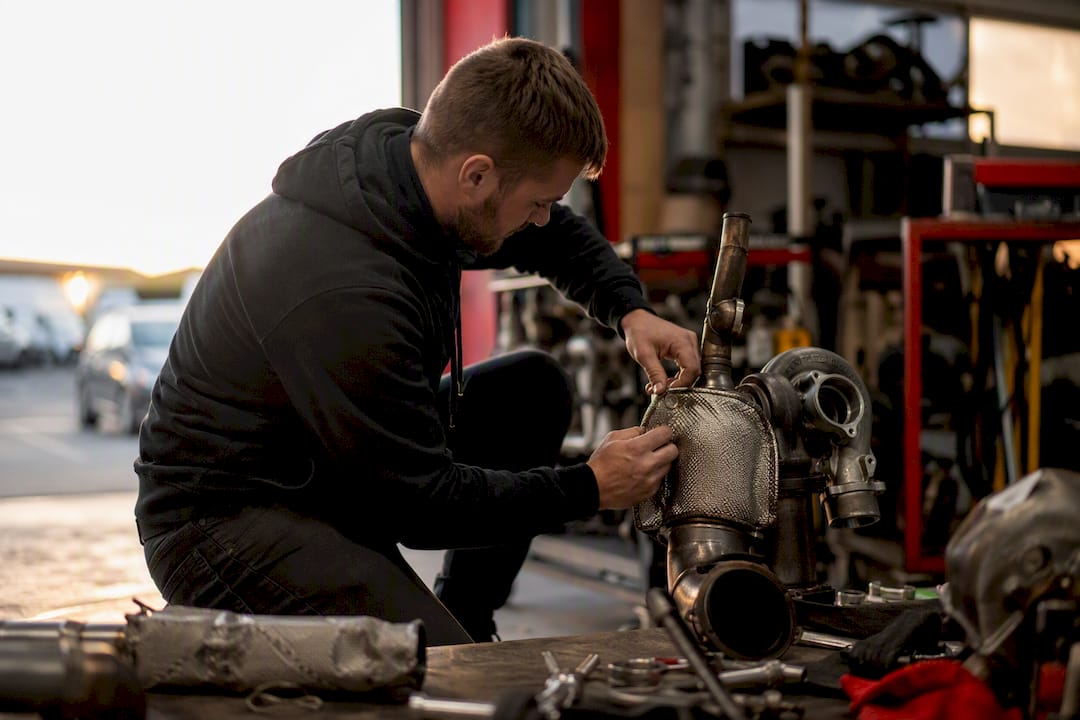 Technician fitting thermal blanket on exhaust pipe