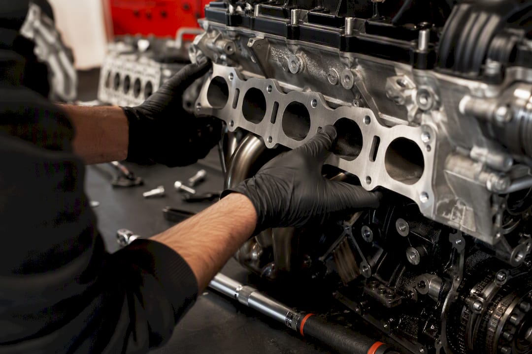 Hands fitting exhaust downpipe flange