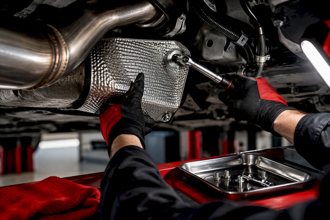 Technician checking exhaust heat shield clearance