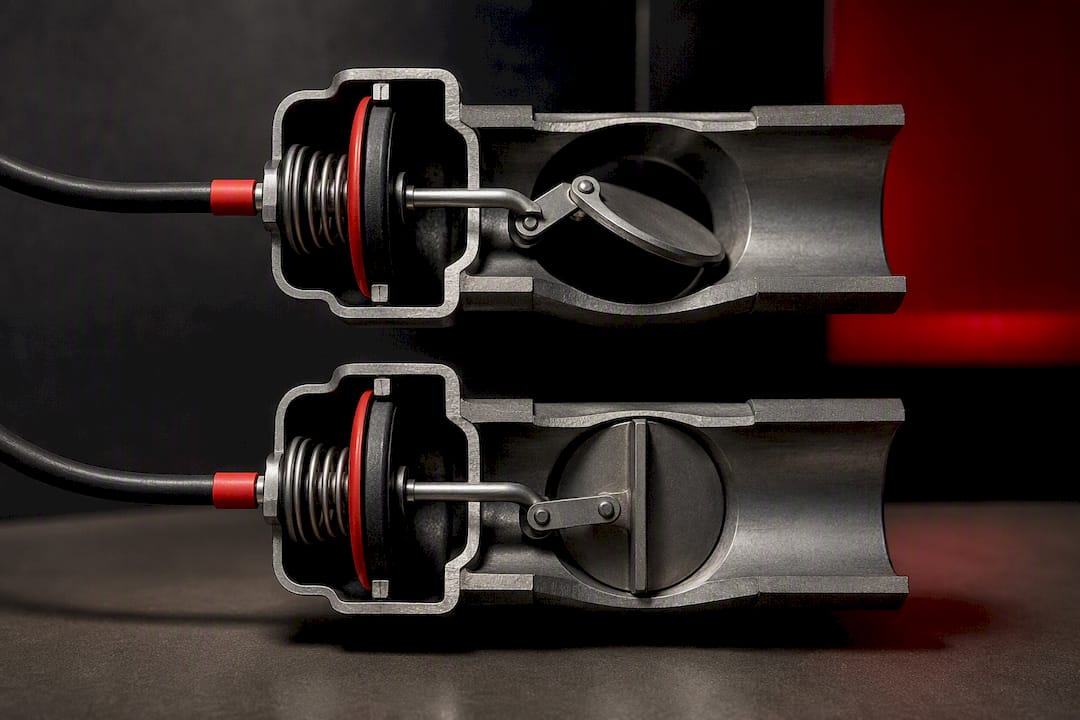 Cutaway vacuum valve mechanism in two positions