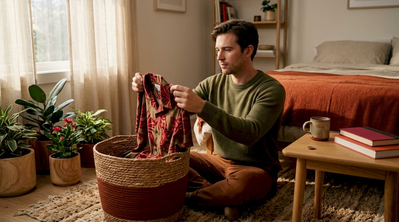Man reflecting on clothing choice at home