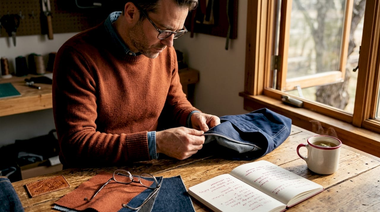 Man checking interior stitching of jacket