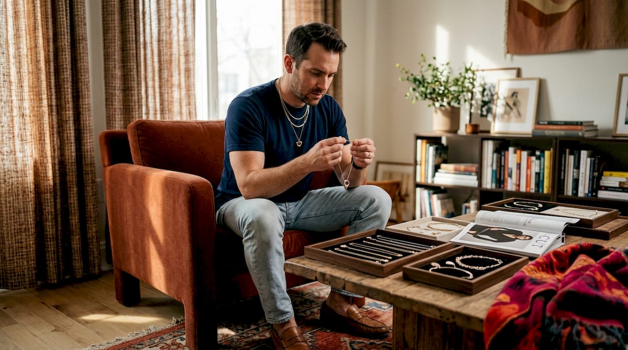 Man layering necklaces in living room