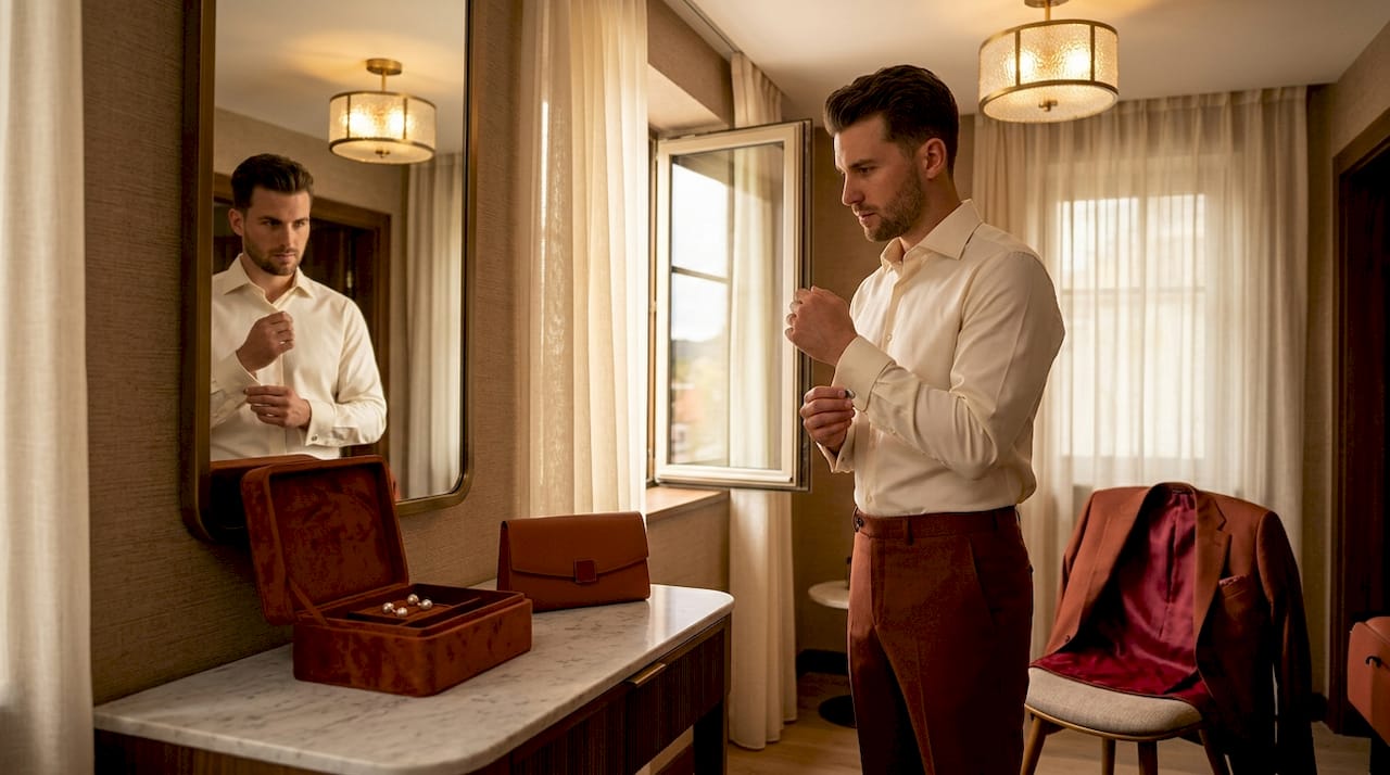 Man preparing formal accessories in bedroom