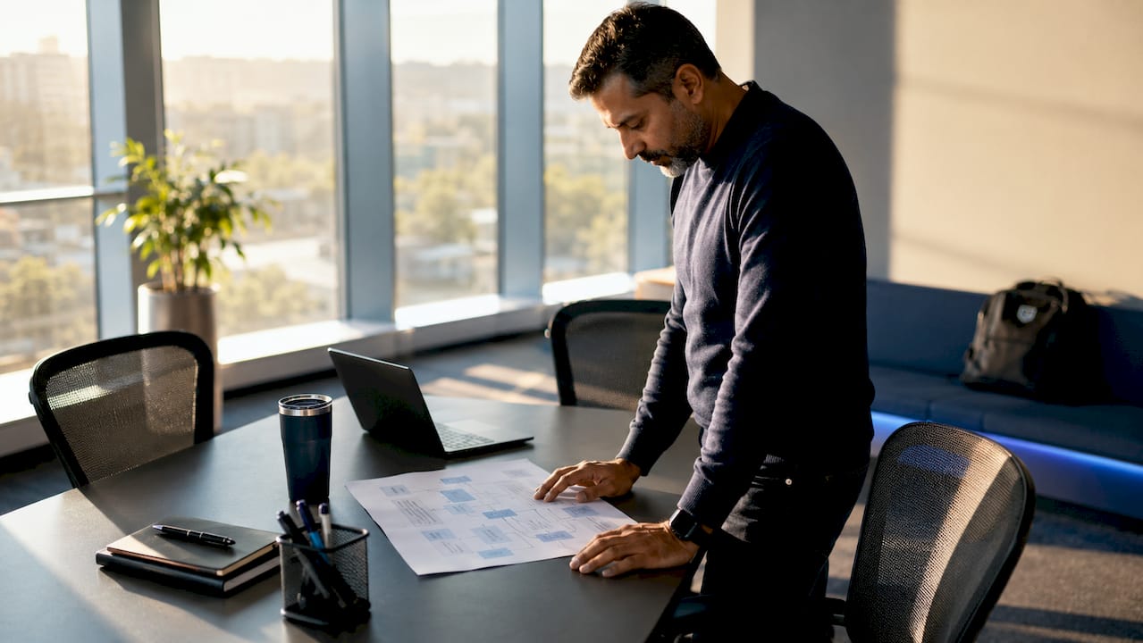 IT specialist's hands typing at cluttered standing desk