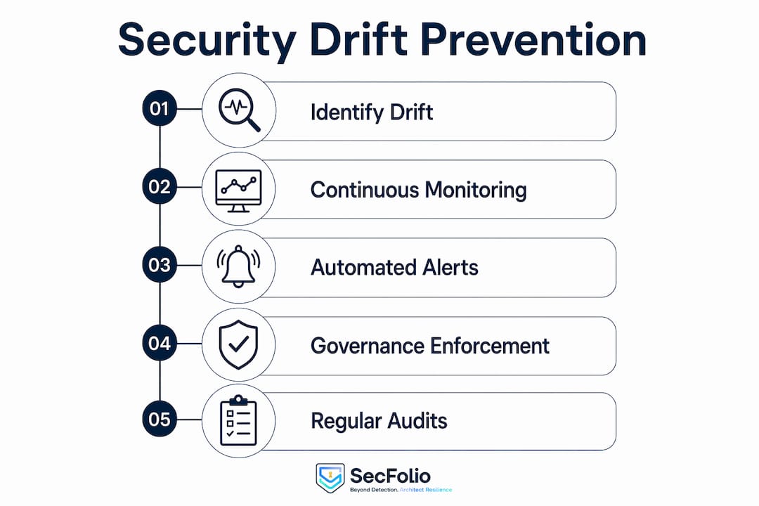 Infographic illustrating steps to prevent security drift