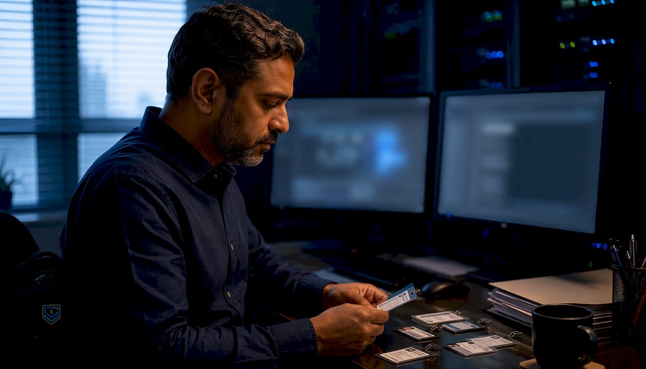 IT analyst reviewing access badges in server room office