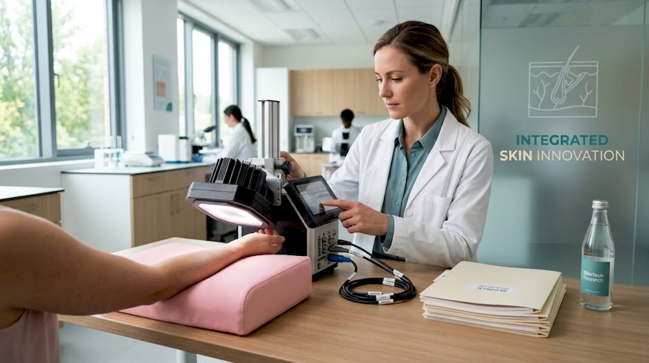 Engineer calibrating hyperspectral imaging device for skin