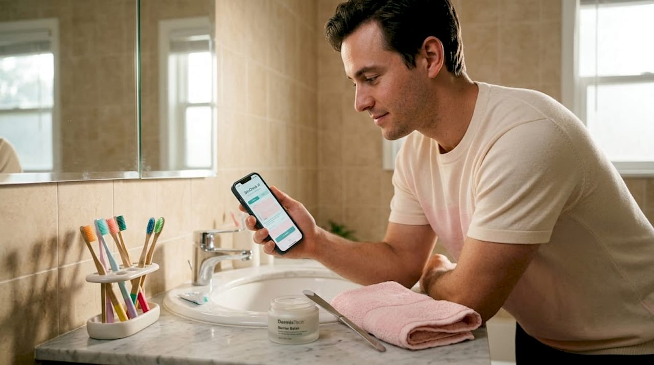 Man checks skin analysis app in bathroom