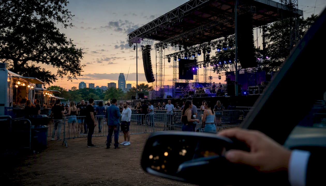 Mid-size Austin outdoor concert venue stage at golden hour