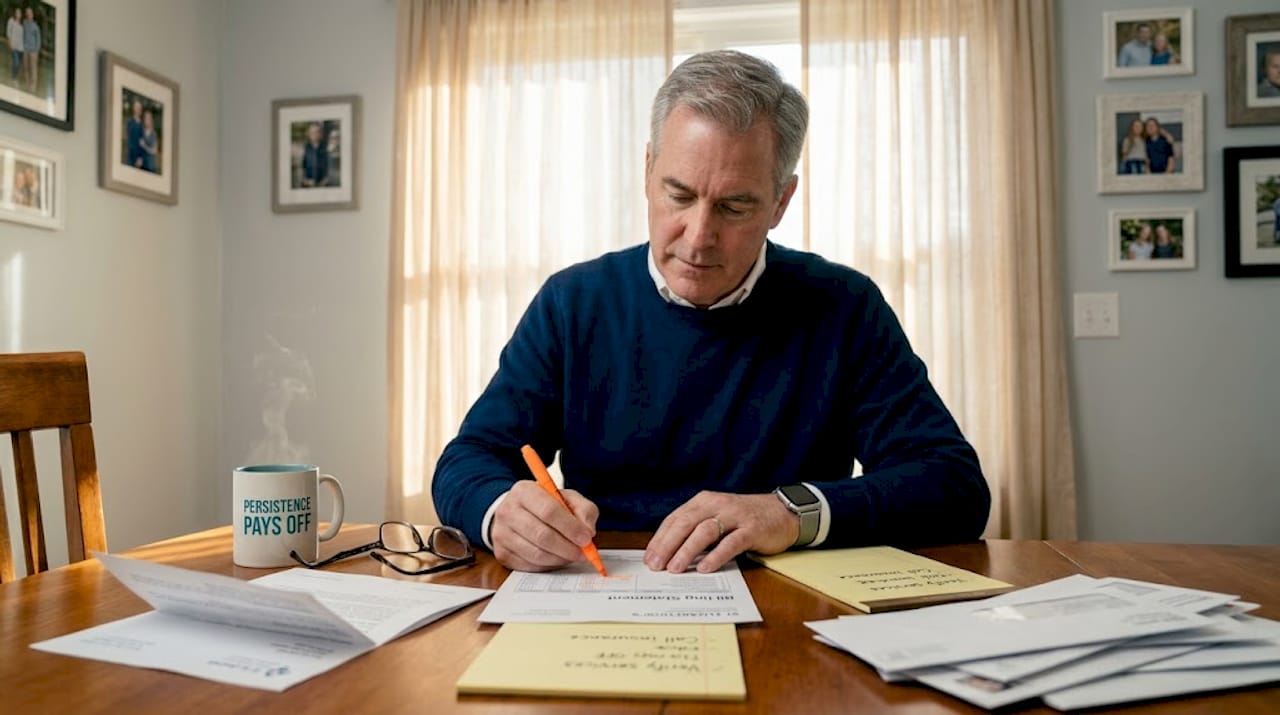Person reviews patient bill at kitchen table