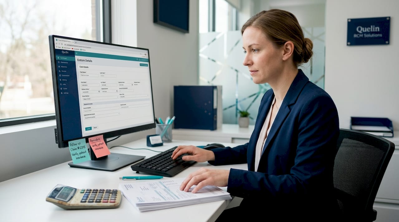 Billing specialist entering claims in clinic office