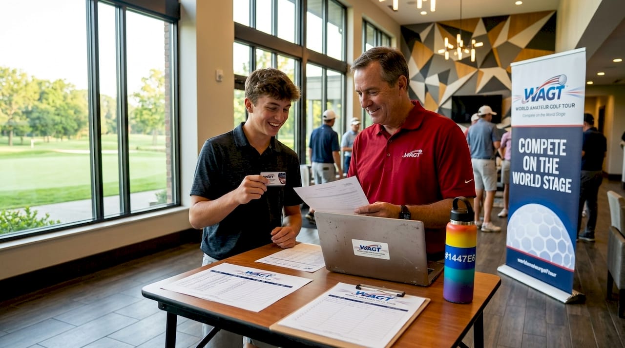 Golfer registering at amateur tour event desk