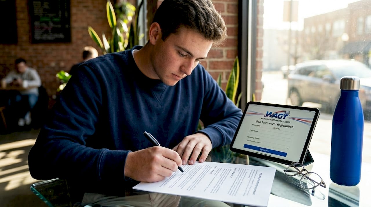 College golfer reviewing contract documents at desk