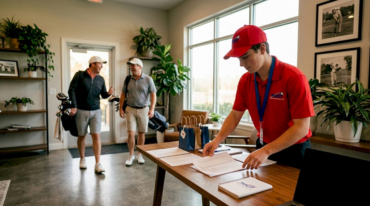 Volunteer preparing check-in table for golf players