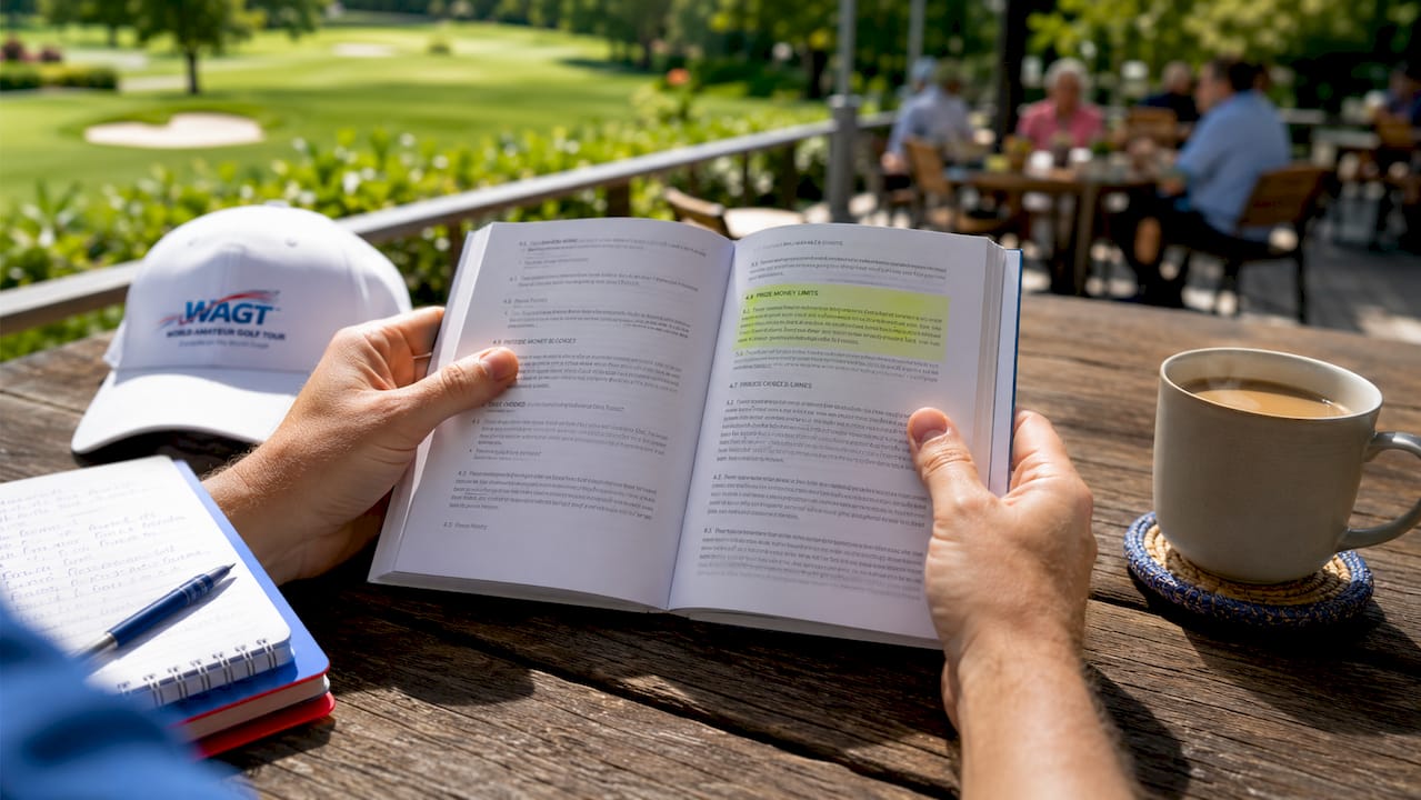 Hands holding golf rule book on prize money limits