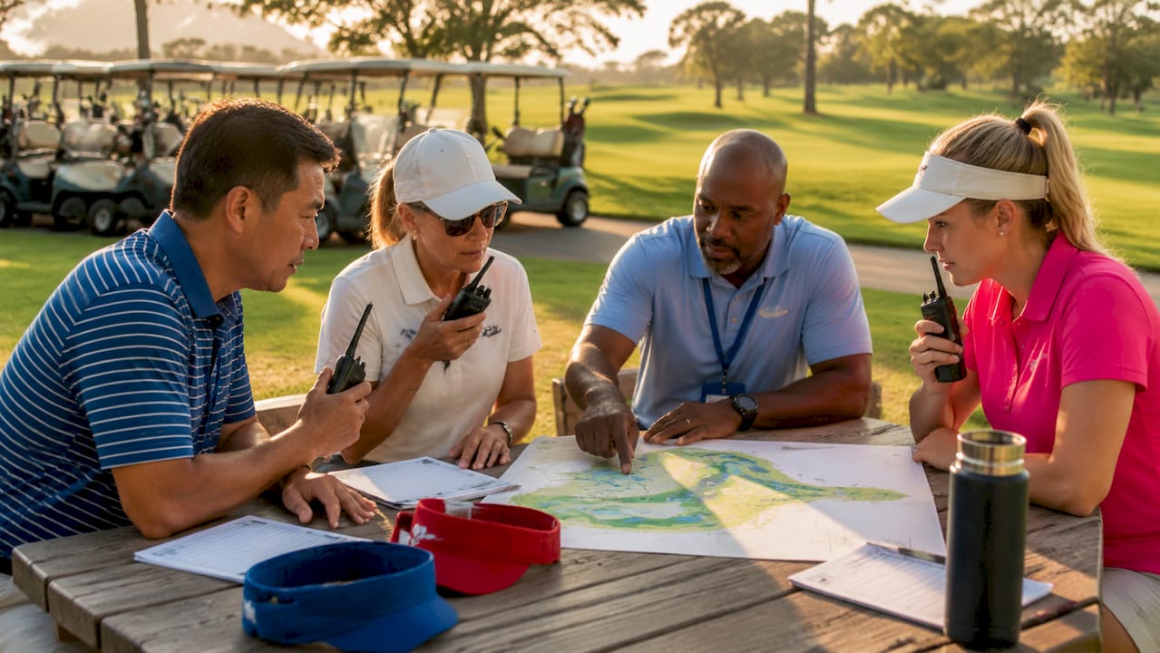 Volunteers briefing for golf starter roles outdoors