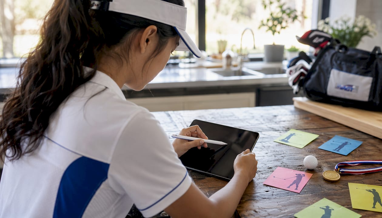 Hands using tablet for golf coaching at home desk