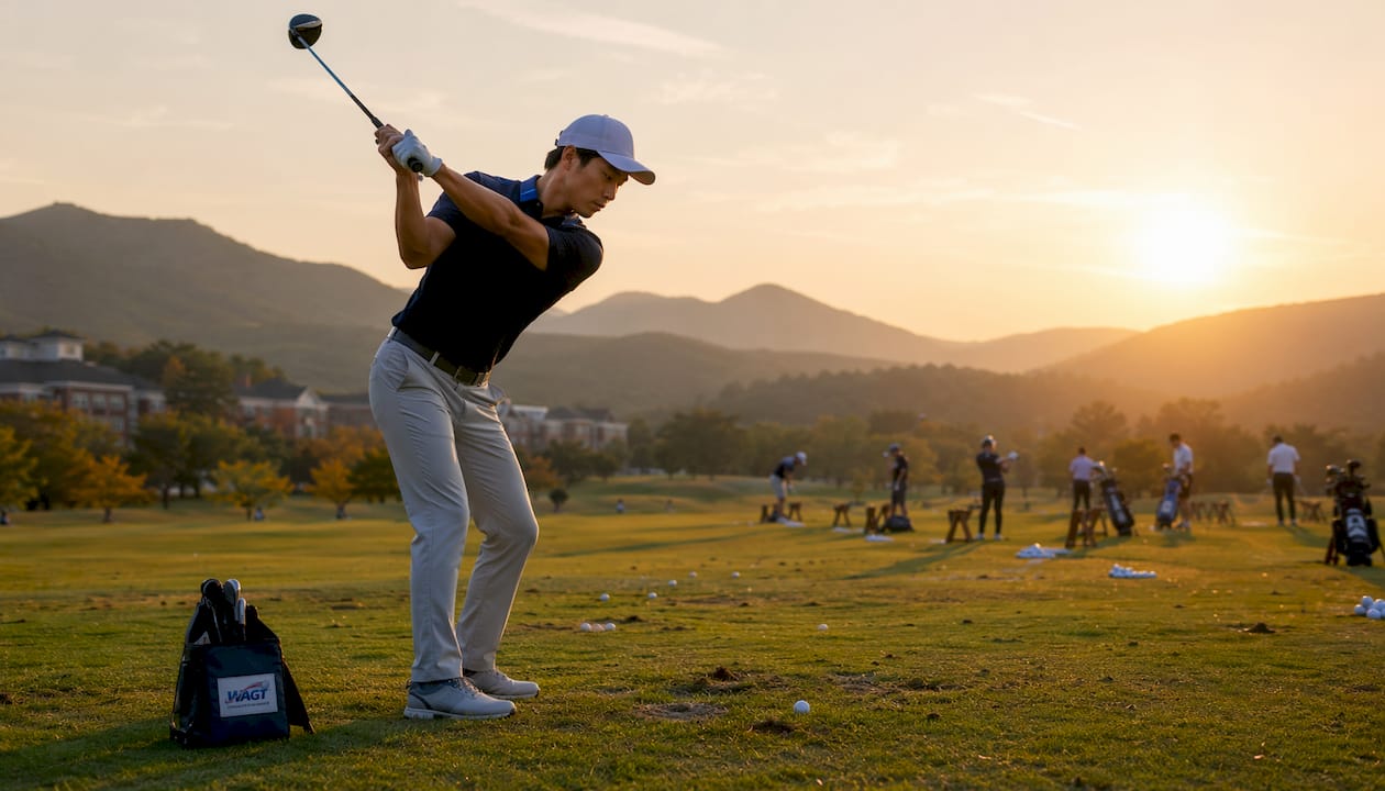 International golfer practicing at university driving range