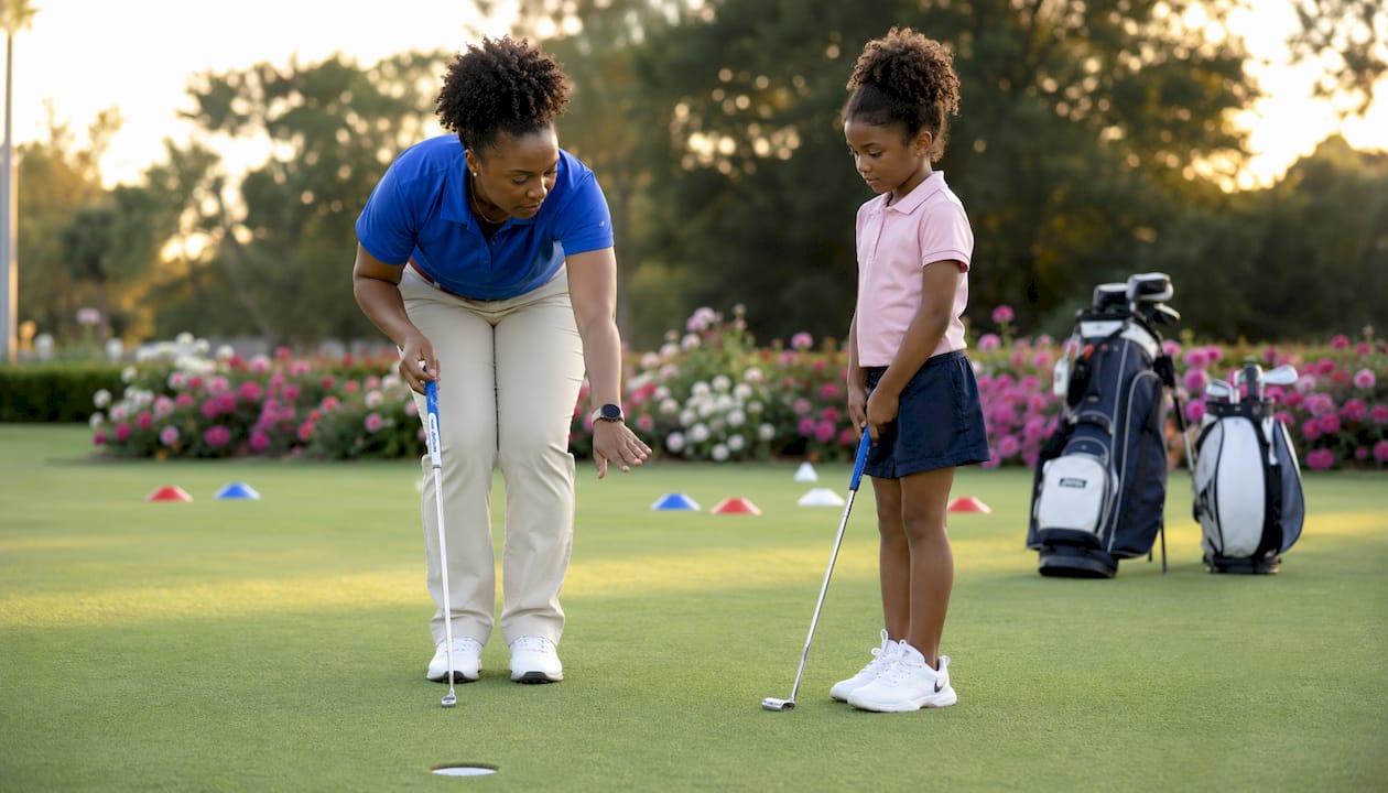 Golf coach teaching young player outdoors