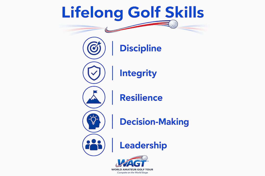Infographic showing five lifelong skills gained from golf