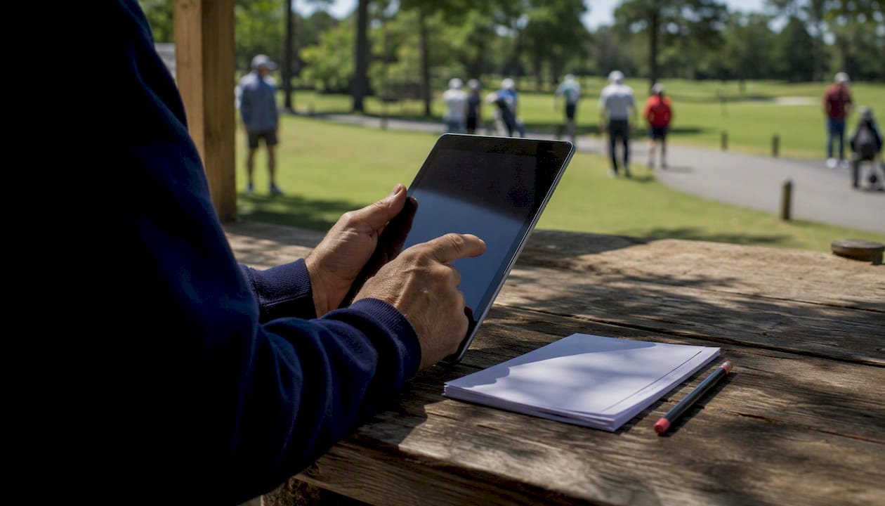 Hands preparing golf scoring attestation device