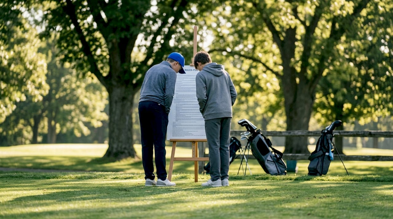 Junior golfers reading scoring rules poster
