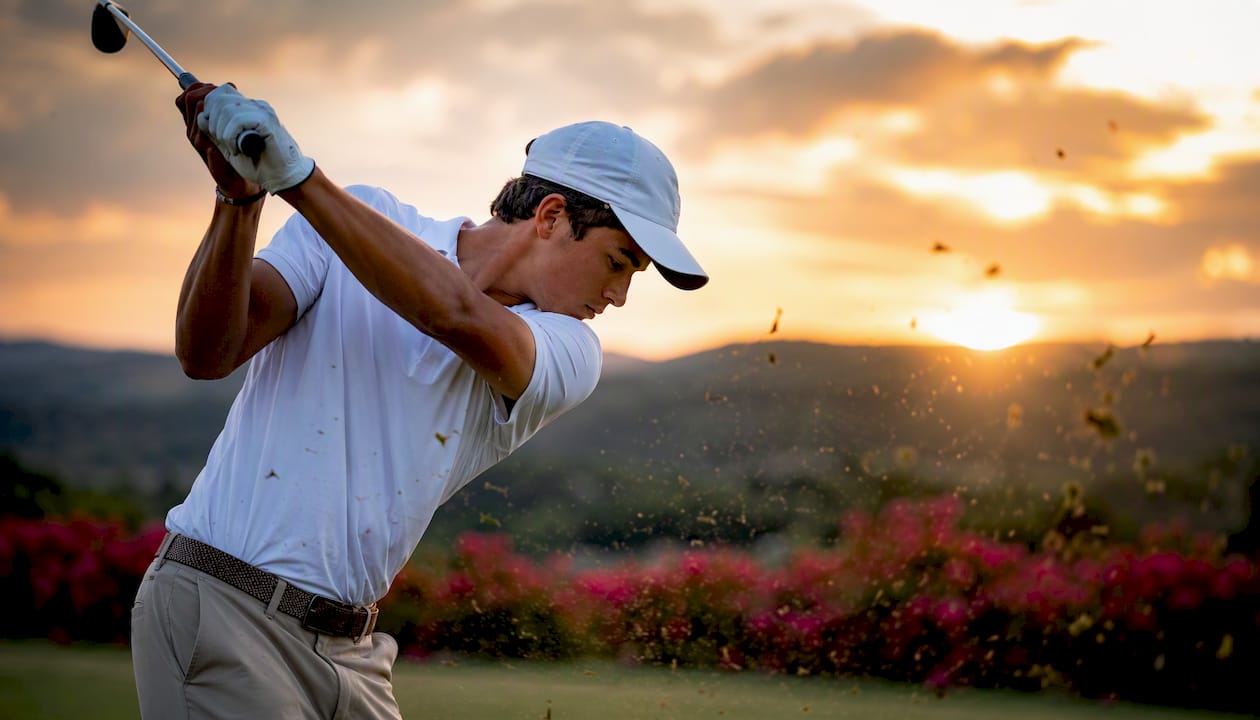 Elite junior golfer swinging on golf course