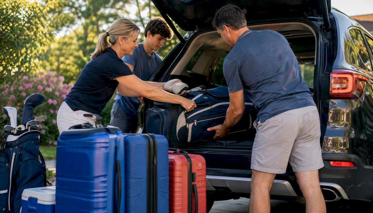 Family packing golf travel gear into car trunk