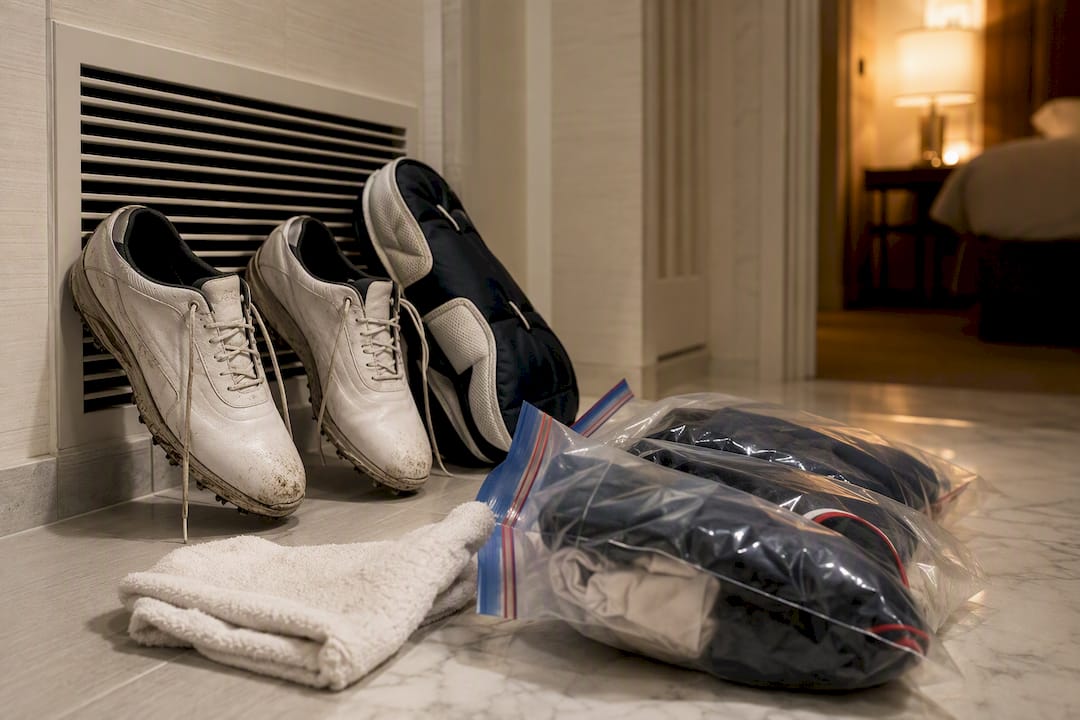 Wet tournament gear airing in hotel bathroom