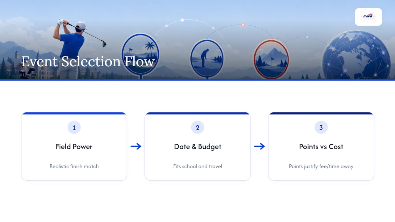 Three-part golf event selection framework