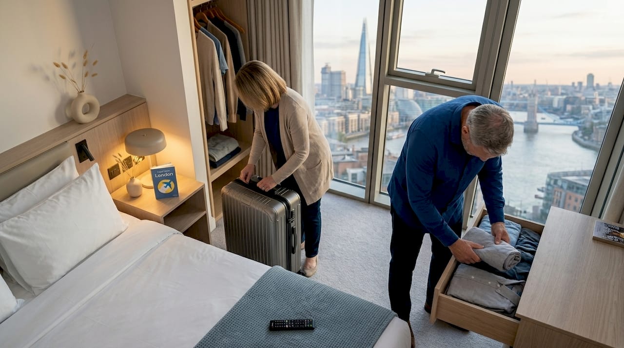 Couple unpacking bags in hotel room