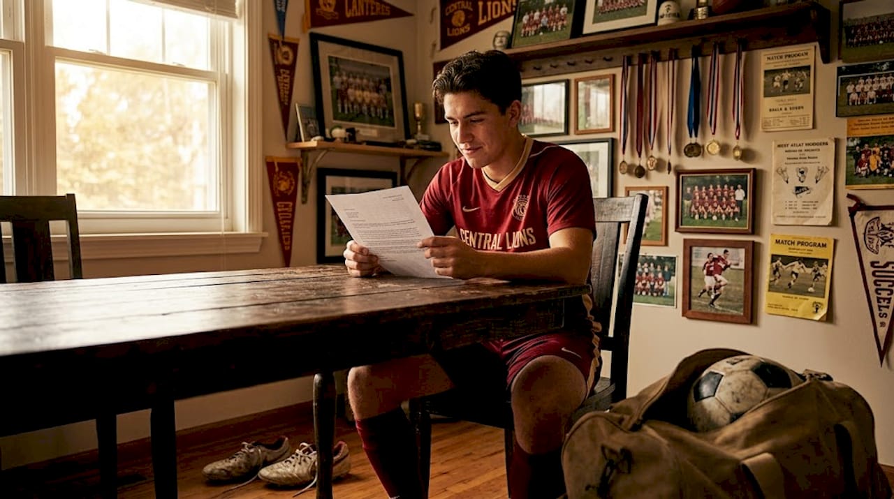 Student athlete reading college scholarship letter