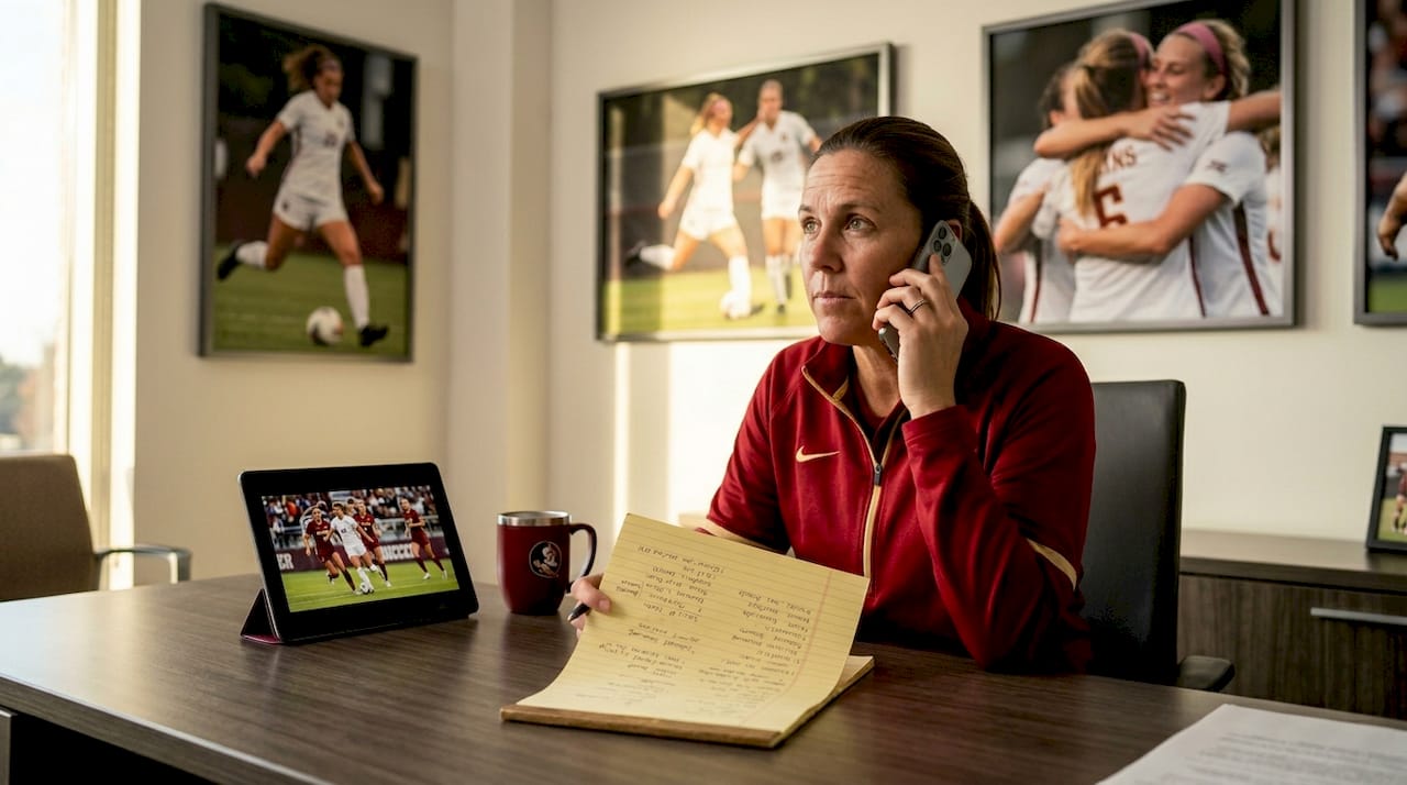 College coach calling a soccer reference from desk