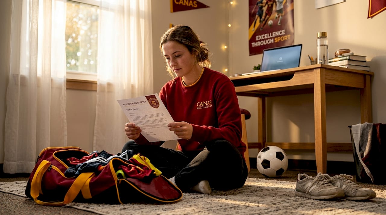 College soccer player reading scholarship letter in dorm