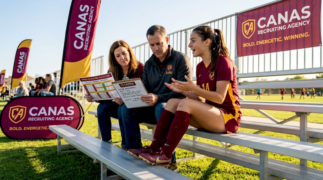 Family discussing spring recruiting during soccer match