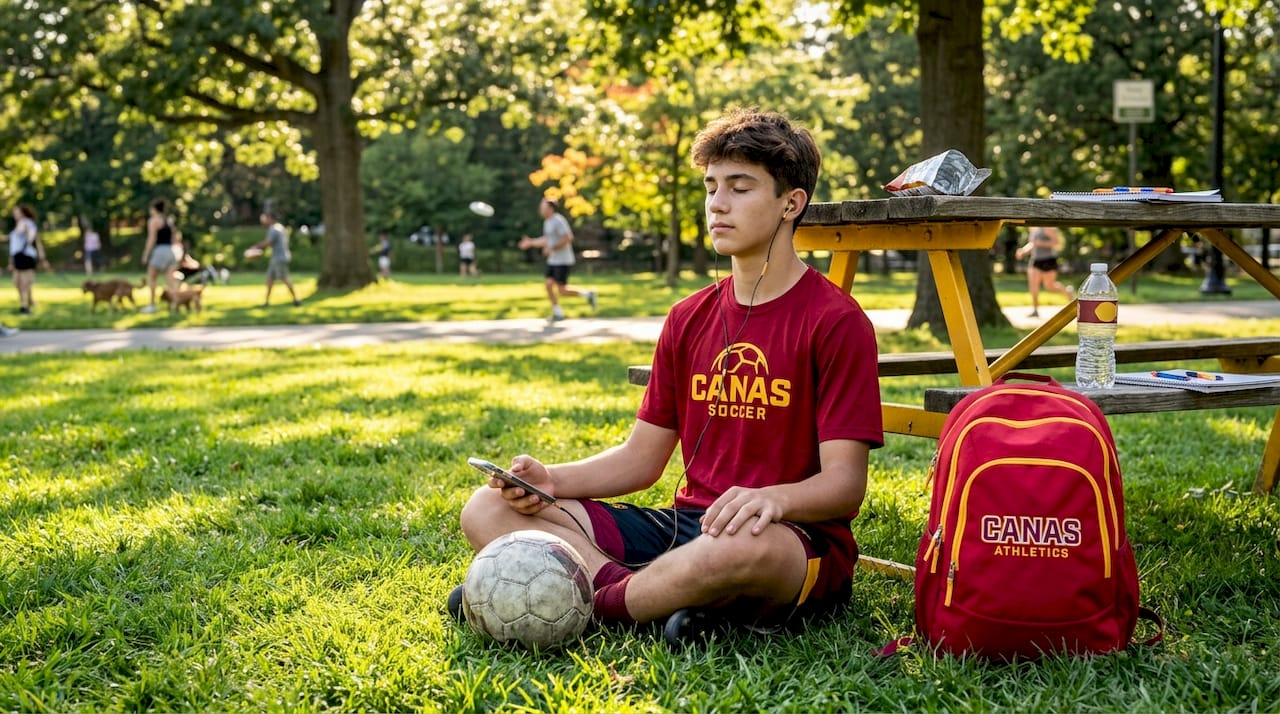 Soccer athlete relaxing outdoors managing phone stress