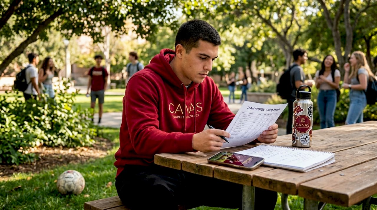 Student-athlete reviewing soccer roster in campus lounge